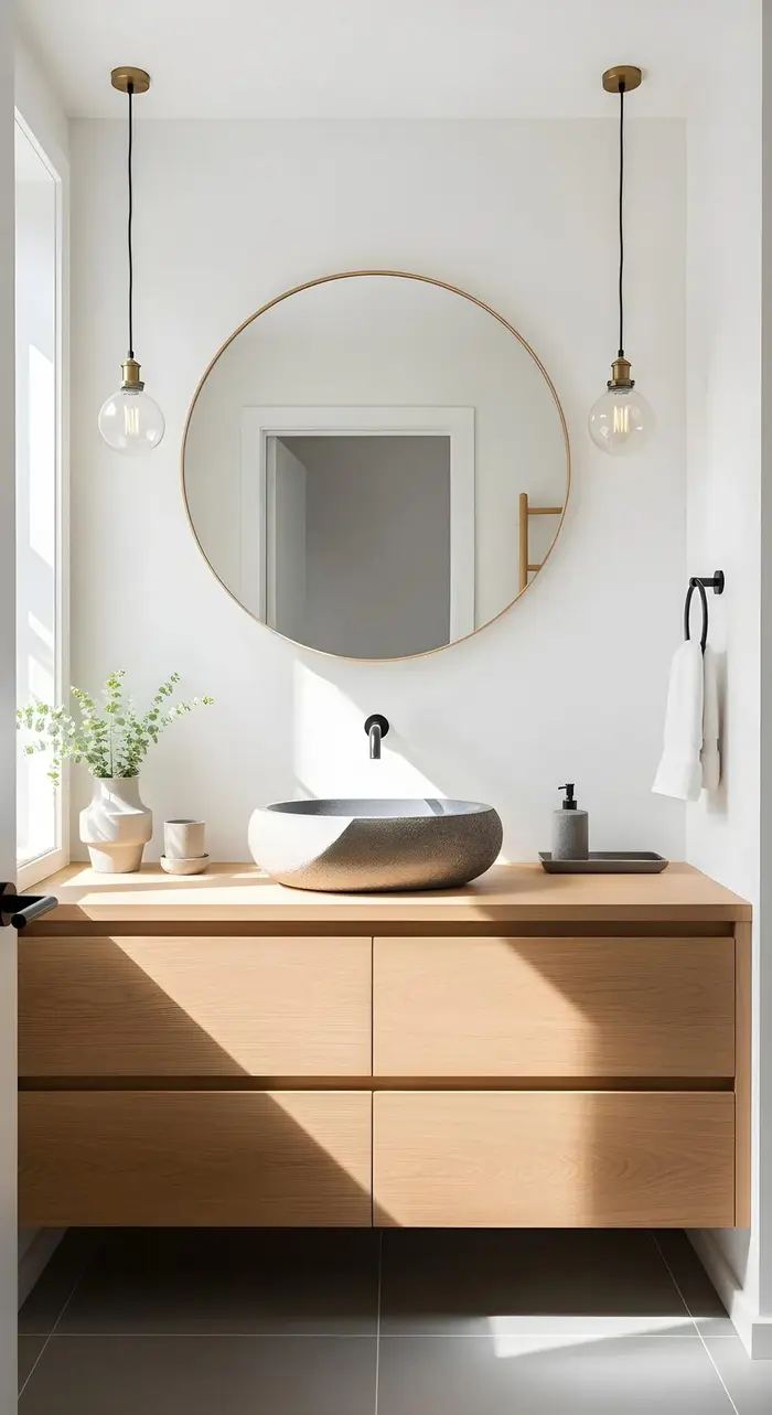 Bathroom vanity with round mirror in a Cabo residence